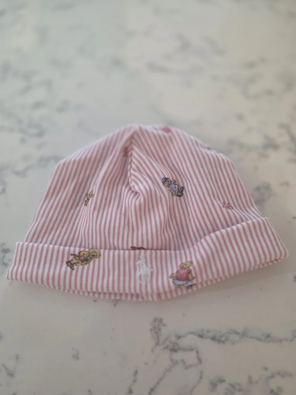 Ralph Lauren Baby Pink Striped Kids Beanie Hat with Animal Embroidery